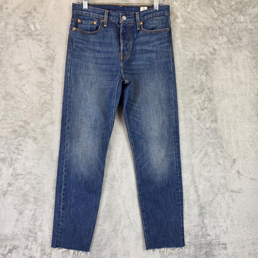 Levis Jeans Womens 28 Blue Button Fly White Oak Cone Denim Raw Hem High Rise
